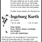 Traueranzeige Ingeburg Kurth, geb. Leutert