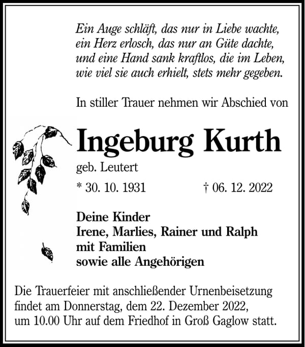 Traueranzeige Ingeburg Kurth, geb. Leutert