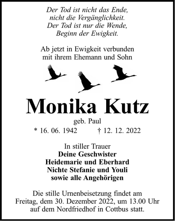 Traueranzeige Monika Kutz, geb. Paul