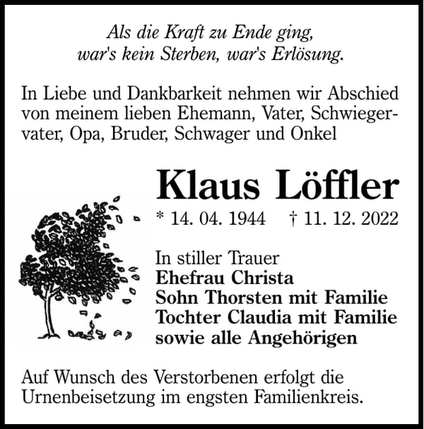 Traueranzeige Klaus Löffler