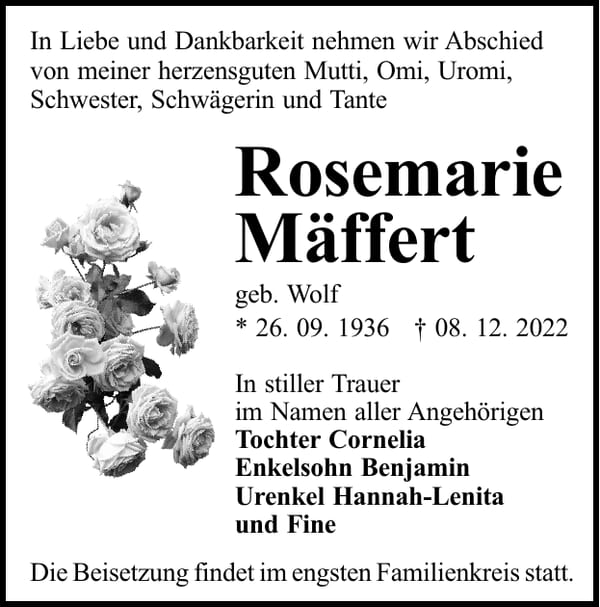 Traueranzeige Rosemarie Mäffert, geb. Wolf