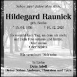 Jahresgedenken Hildegard Raunick, geb. Sonke