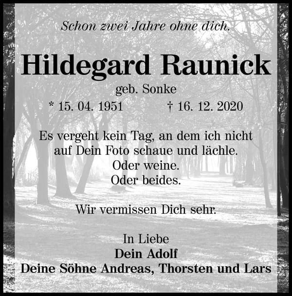 Jahresgedenken Hildegard Raunick, geb. Sonke