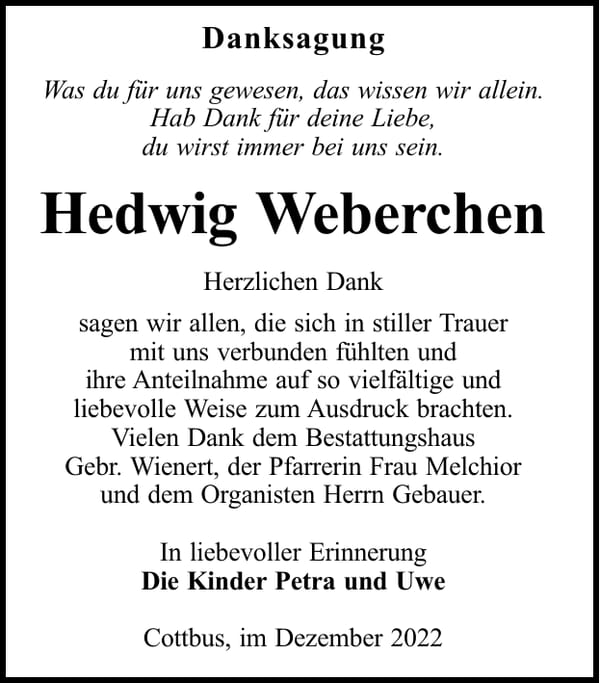 Danksagung Hedwig Weberchen