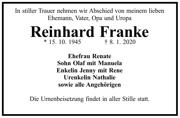 Traueranzeige Reinhard Franke