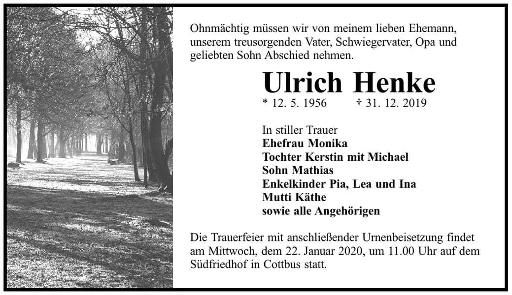 Traueranzeige Ulrich Henke