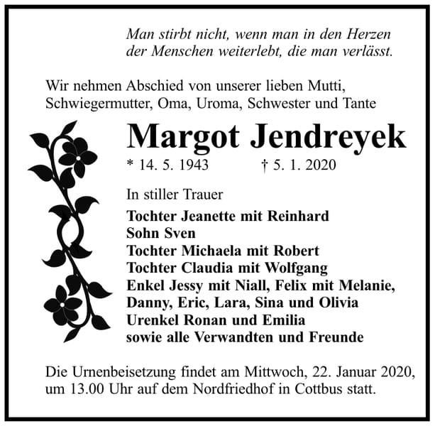 Traueranzeige Margot Jendreyek