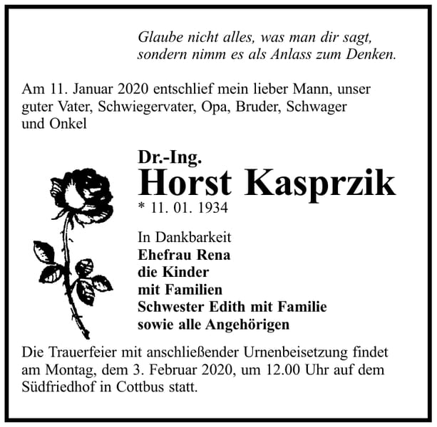 Traueranzeige Horst Kasprzik