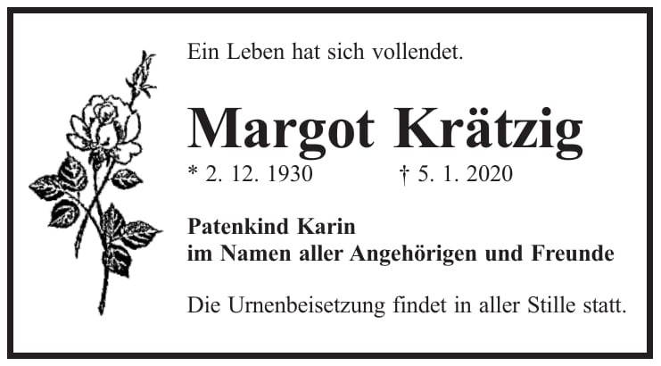 Traueranzeige Margot Krätzig
