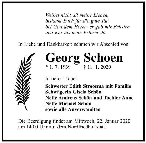 Traueranzeige Georg Schoen