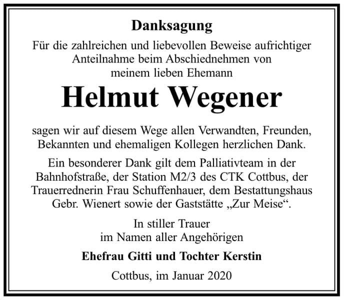 Danksagung Helmut Wegener