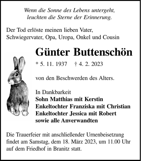 Traueranzeige Günter Buttenschön