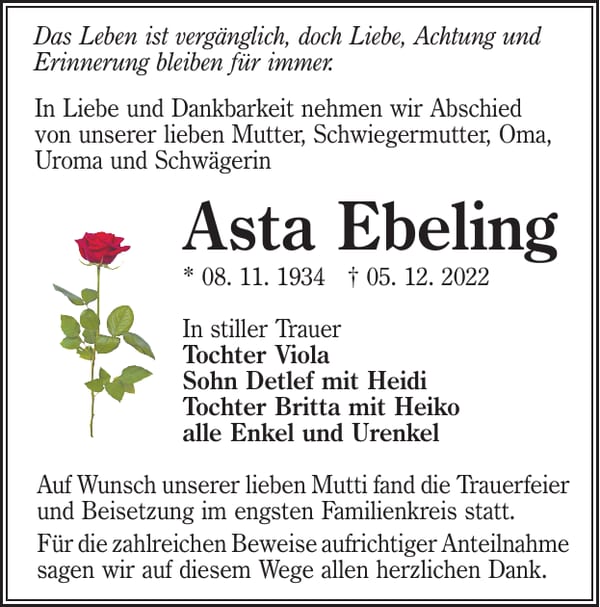 Traueranzeige Asta Ebeling