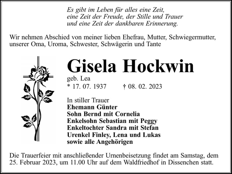 Traueranzeige Gisela Hockwin, geb. Lea