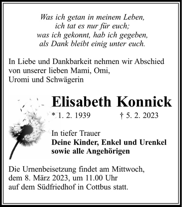 Traueranzeige Elisabeth Konnick