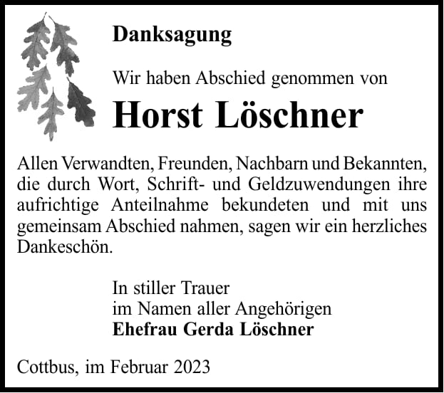 Danksagung Horst Löschner