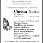 Traueranzeige Christa Nickel, geb. Ulbrich