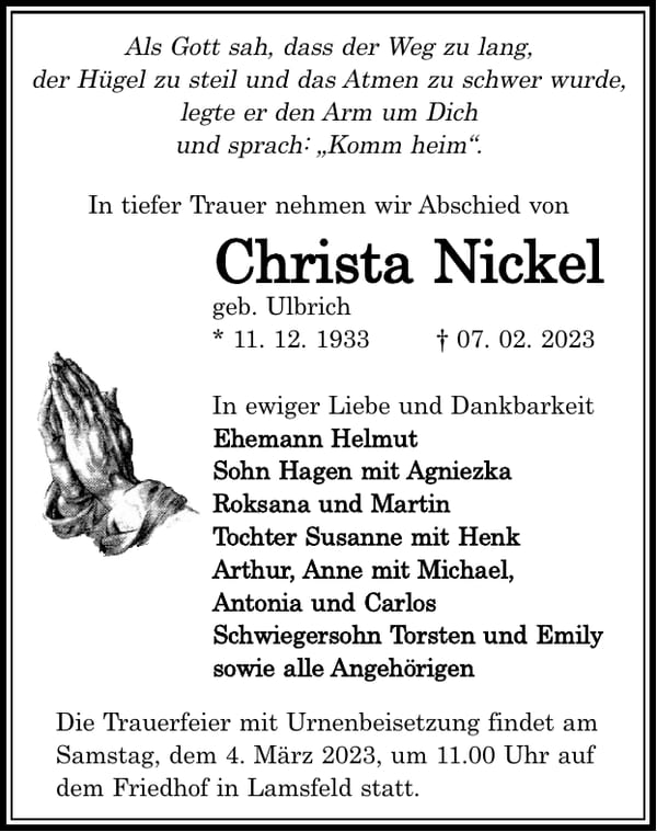 Traueranzeige Christa Nickel, geb. Ulbrich
