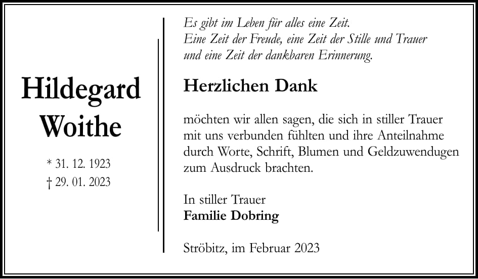 Traueranzeige Hildegard Woithe