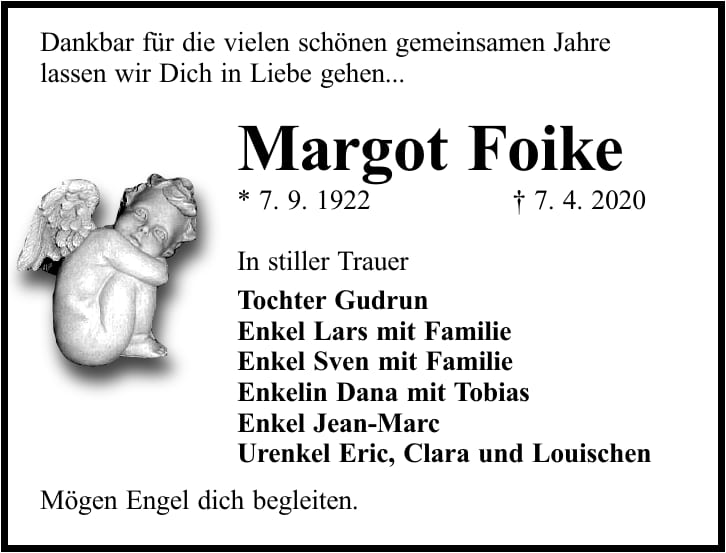Traueranzeige Margot Foike