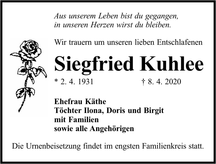 Traueranzeige Siegfried Kuhlee