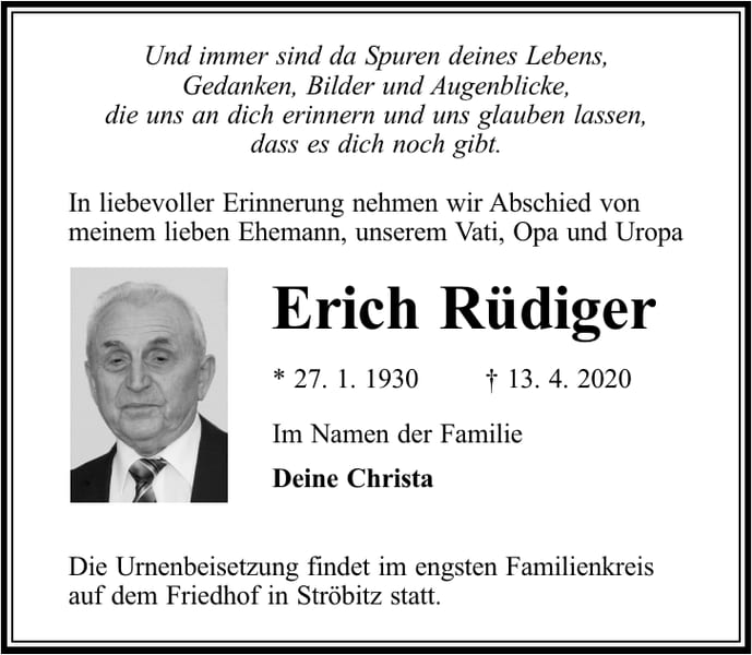 Traueranzeige Erich Rüdiger
