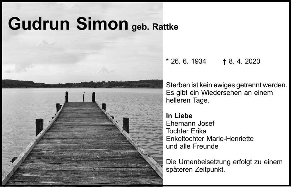 Traueranzeige Gudrun Simon, geb. Rattke