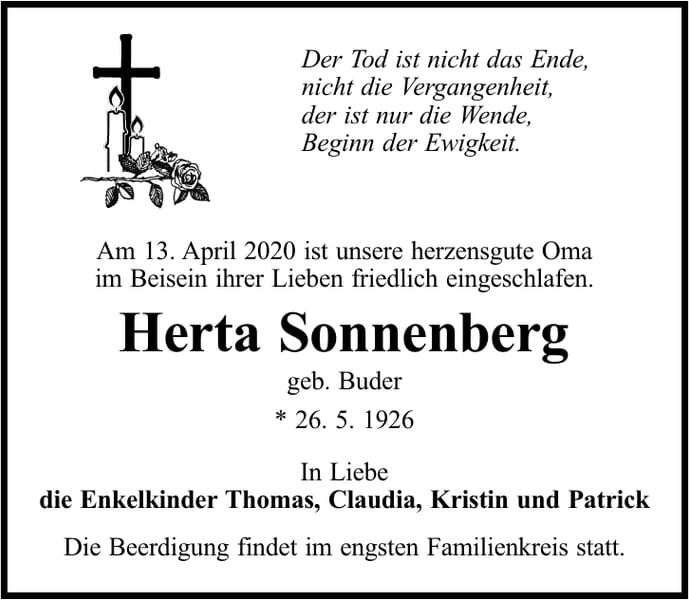 Traueranzeige Herta Sonnenberg, geb. Buder