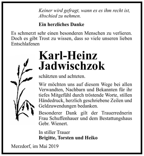 Danksagung Karl-Heinz Jadwischzok