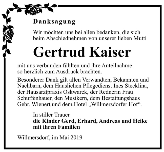 Danksagung Gertrud Kaiser