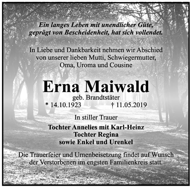 Traueranzeige Erna Maiwald, geb. Brandtstä