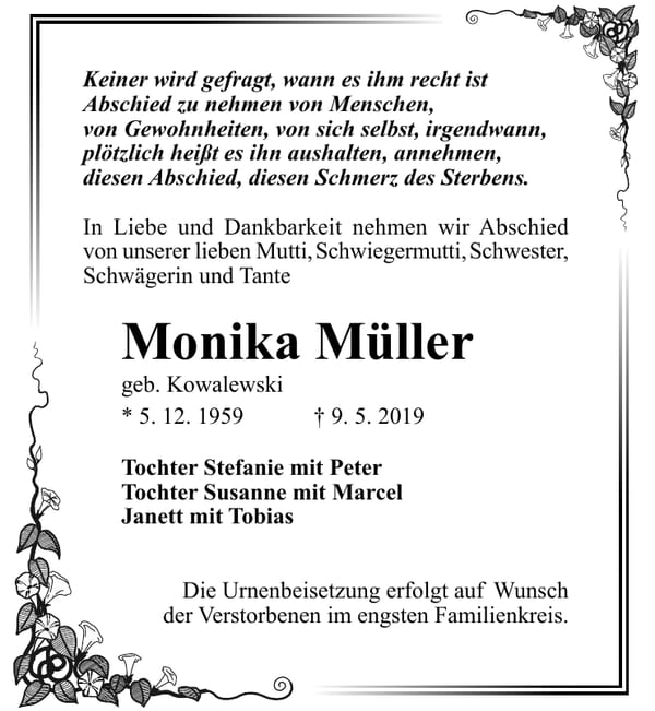 Traueranzeige Monika Müller, geb. Kowalewski