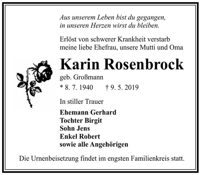 Traueranzeige Karin Rosenbrock, geb. Großmann
