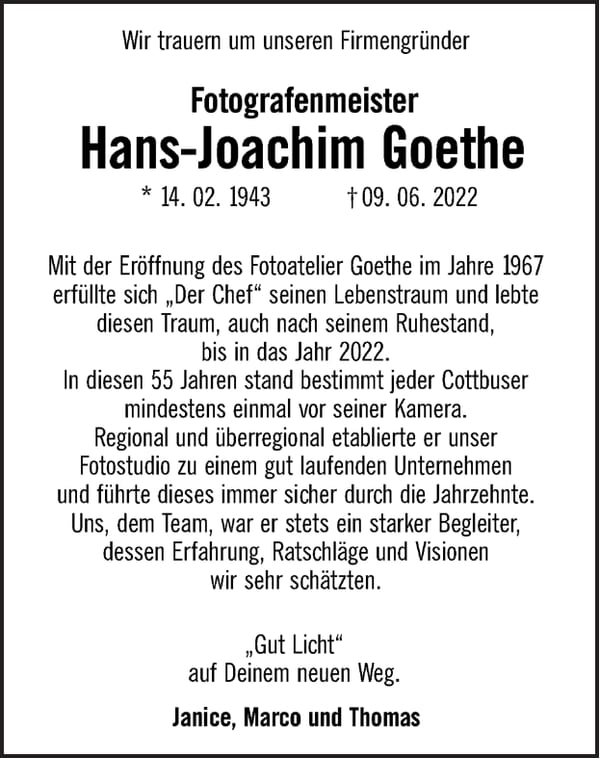Traueranzeige Hans-Joachim Goethe