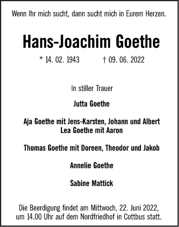 Traueranzeige Hans-Joachim Goethe