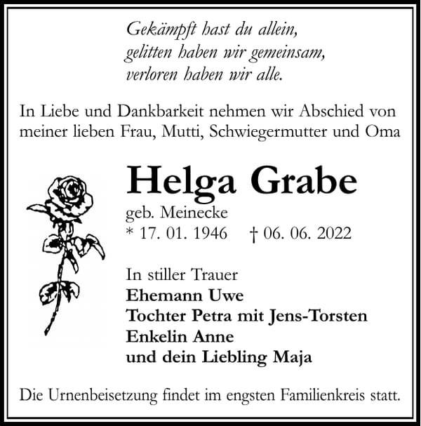 Traueranzeige Helga Grabe, geb. Meinecke