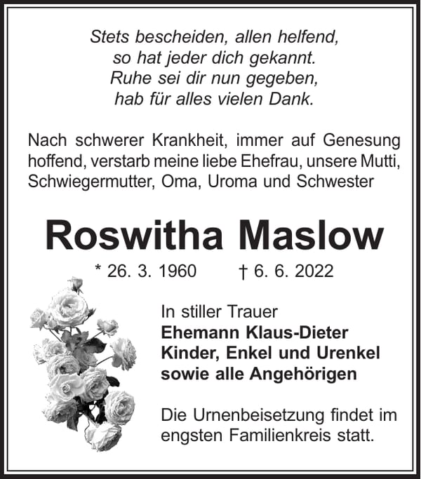 Traueranzeige Roswitha Maslow