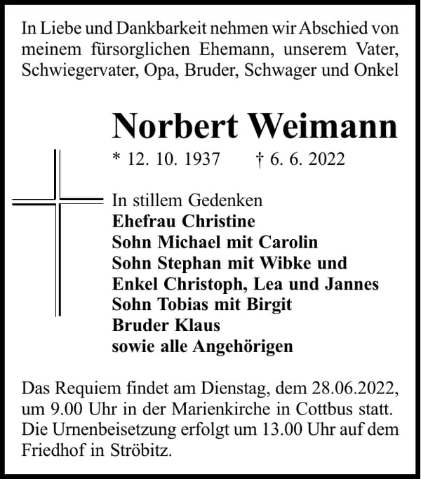 Traueranzeige Norbert Weimann
