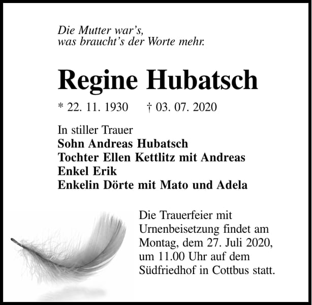 Traueranzeige Regine Hubatsch