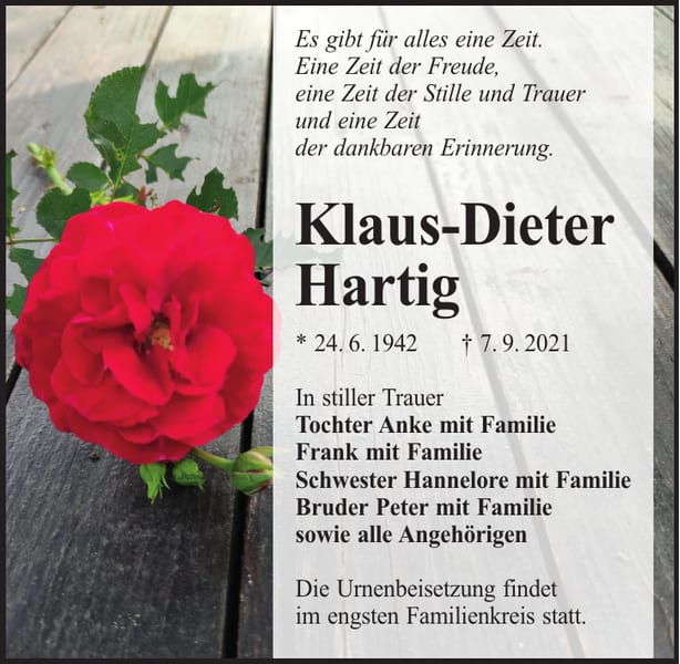 Traueranzeige Klaus-Dieter Hartig
