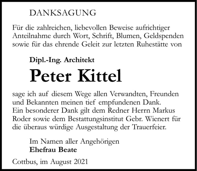 Danksagung Peter Kittel