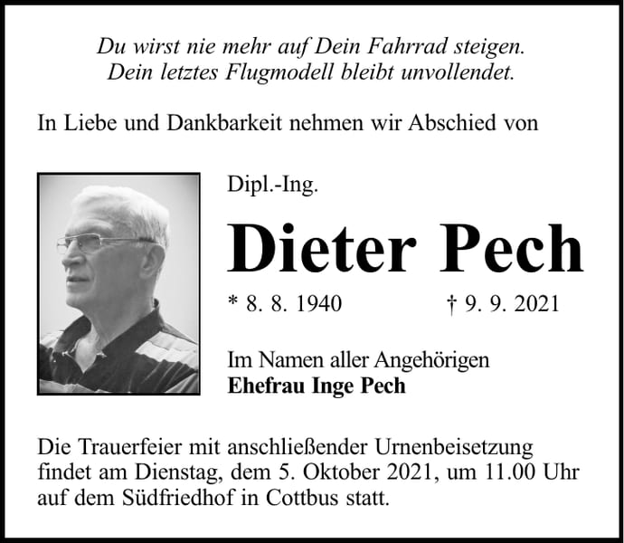 Traueranzeige Dieter Pech