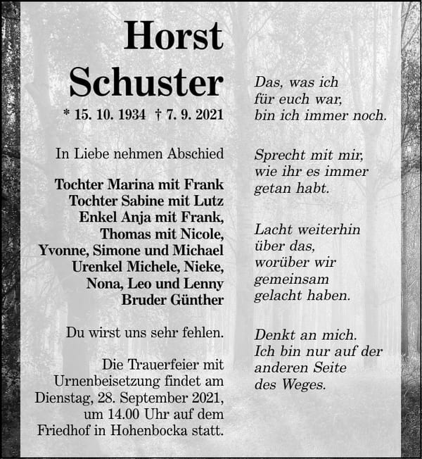 Traueranzeige Horst Schuster