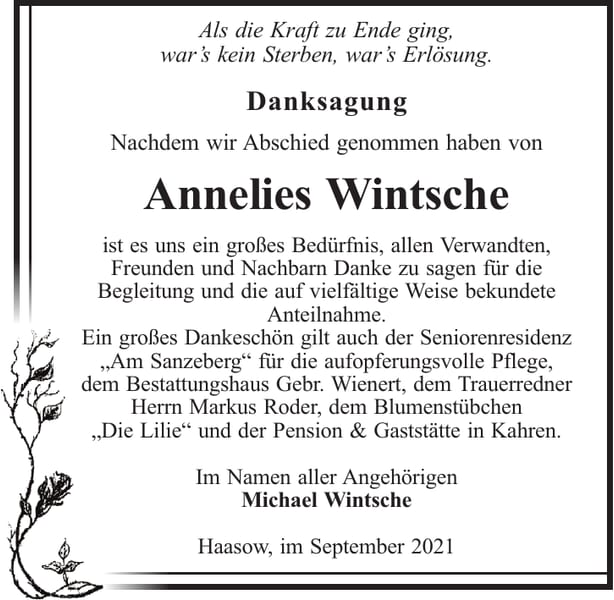 Danksagung Annelies Wintsche