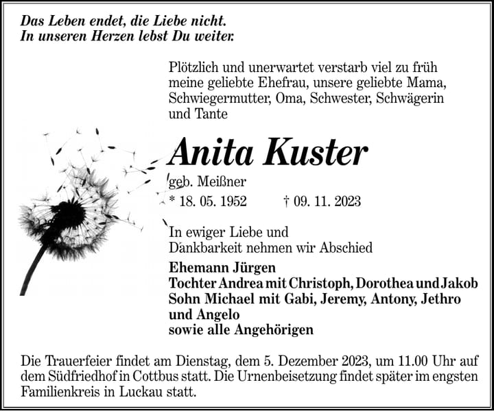 Traueranzeige Anita Kuster, geb. Meißner