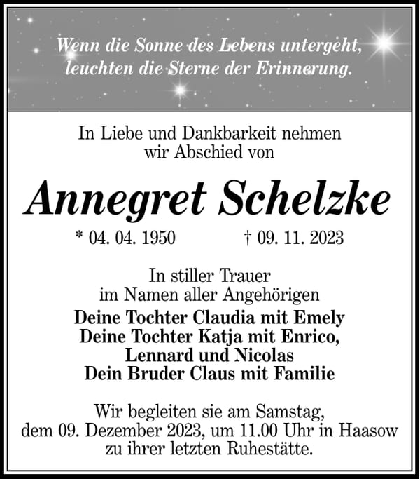 Traueranzeige Annegret Schelzke