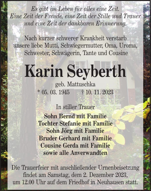 Traueranzeige Karin Seyberth, geb. Mattuschka