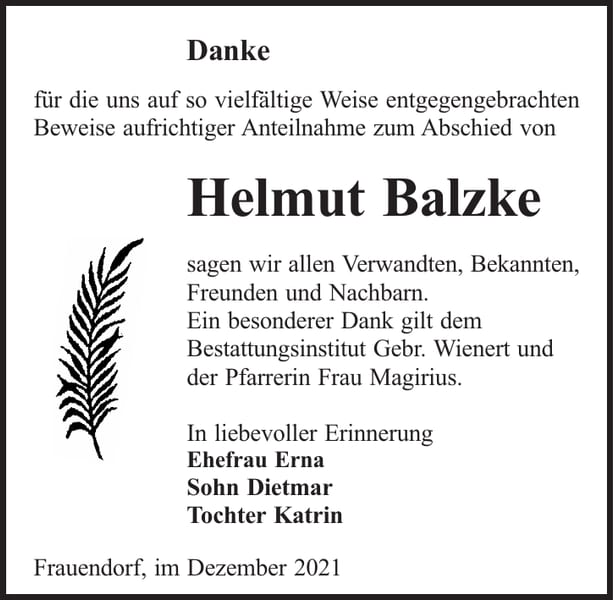Danksagung Helmut Balzke