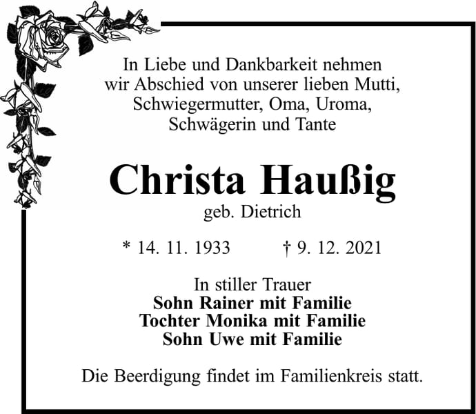 Traueranzeige Christa Haußig, geb. Dietrich