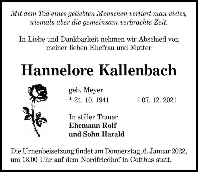 Traueranzeige Hannelore Kallenbach, geb. Meyer